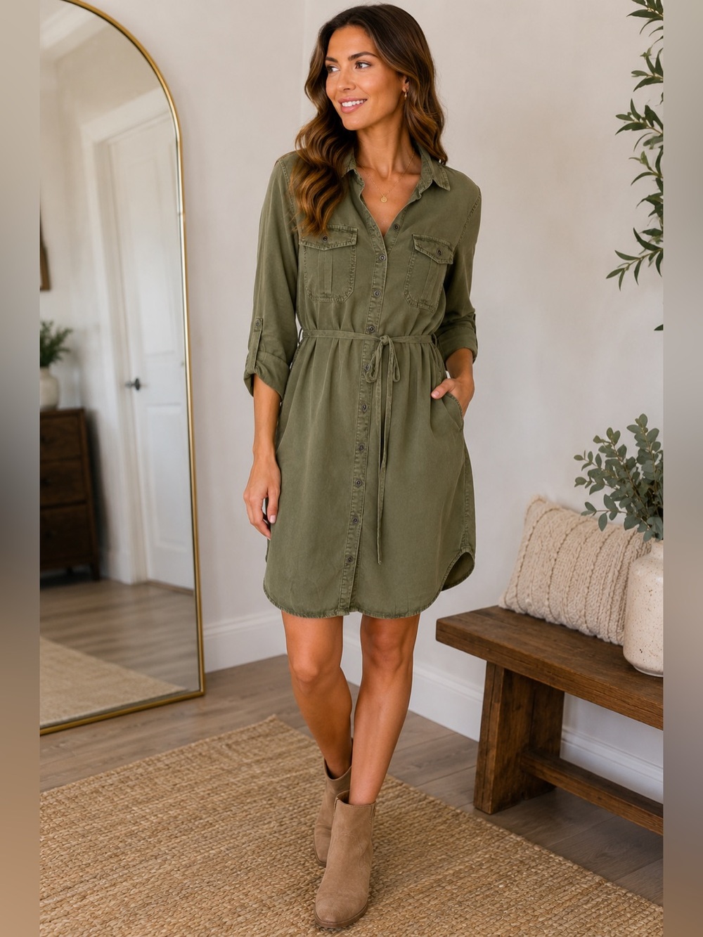 Parasuco Olive Green Button-Front Shirt Dress Size L Utility Safari Casual